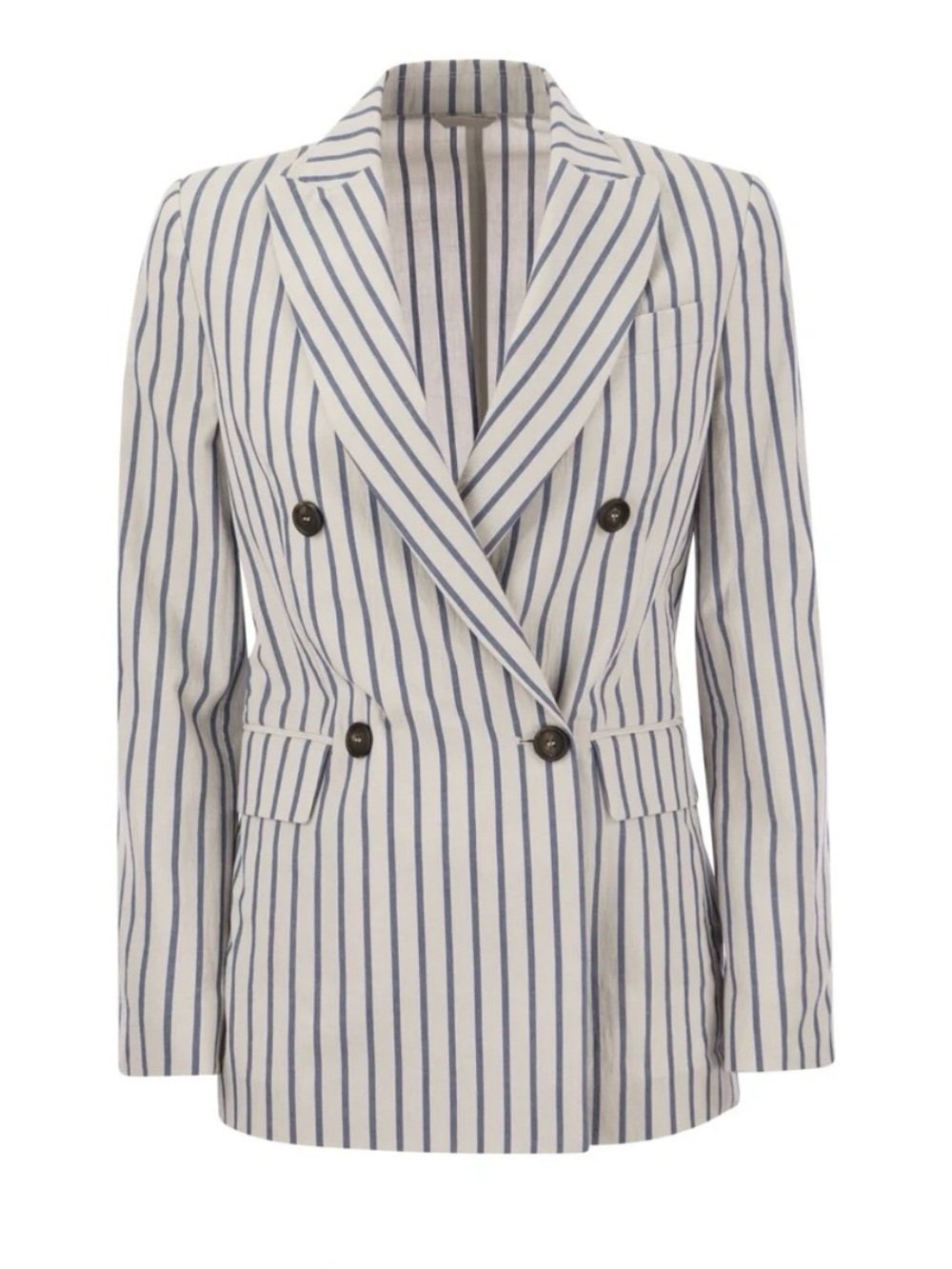 Brunello Cucinelli Striped Double-Breasted Blazer in White & Blue